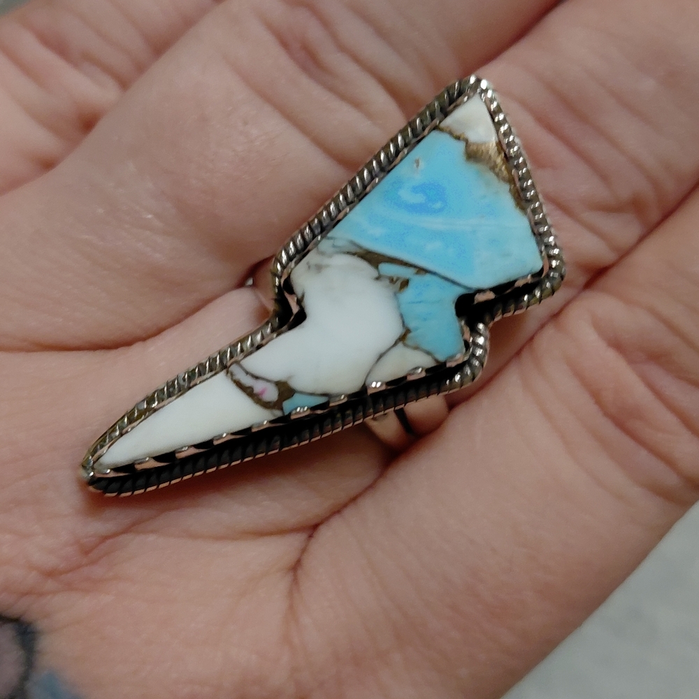 Cotton Candy Turquoise Lightning Bolt Sterling Silver Adjustable Ring - Picture 3 of 9